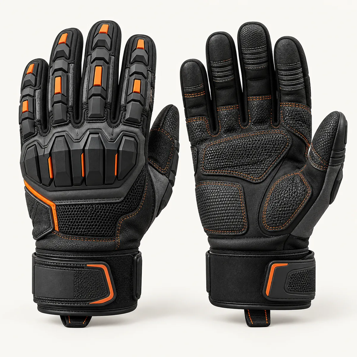 Black industrial work gloves with moulded knuckle and finger panels, textured palm pads and orange-accent wrist strap