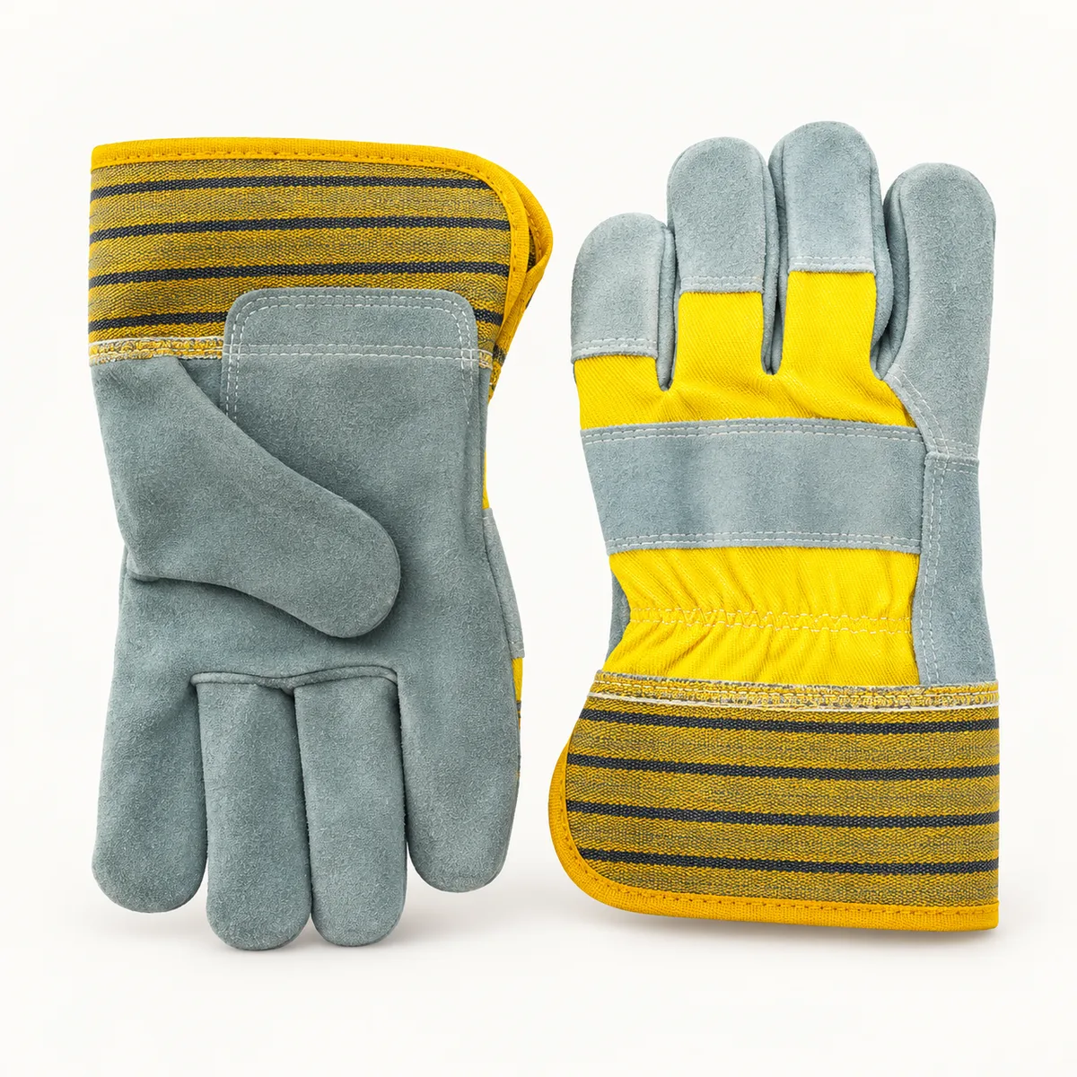 Leather rigger gloves with grey suede palm, yellow fabric back and striped safety cuff