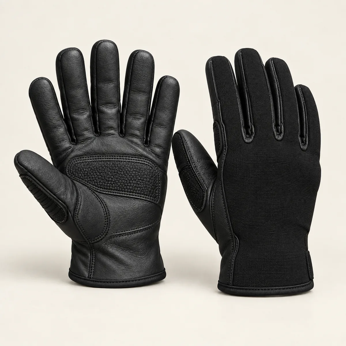 Black tactical-style work gloves showing leather palm with textured patch and textile back
