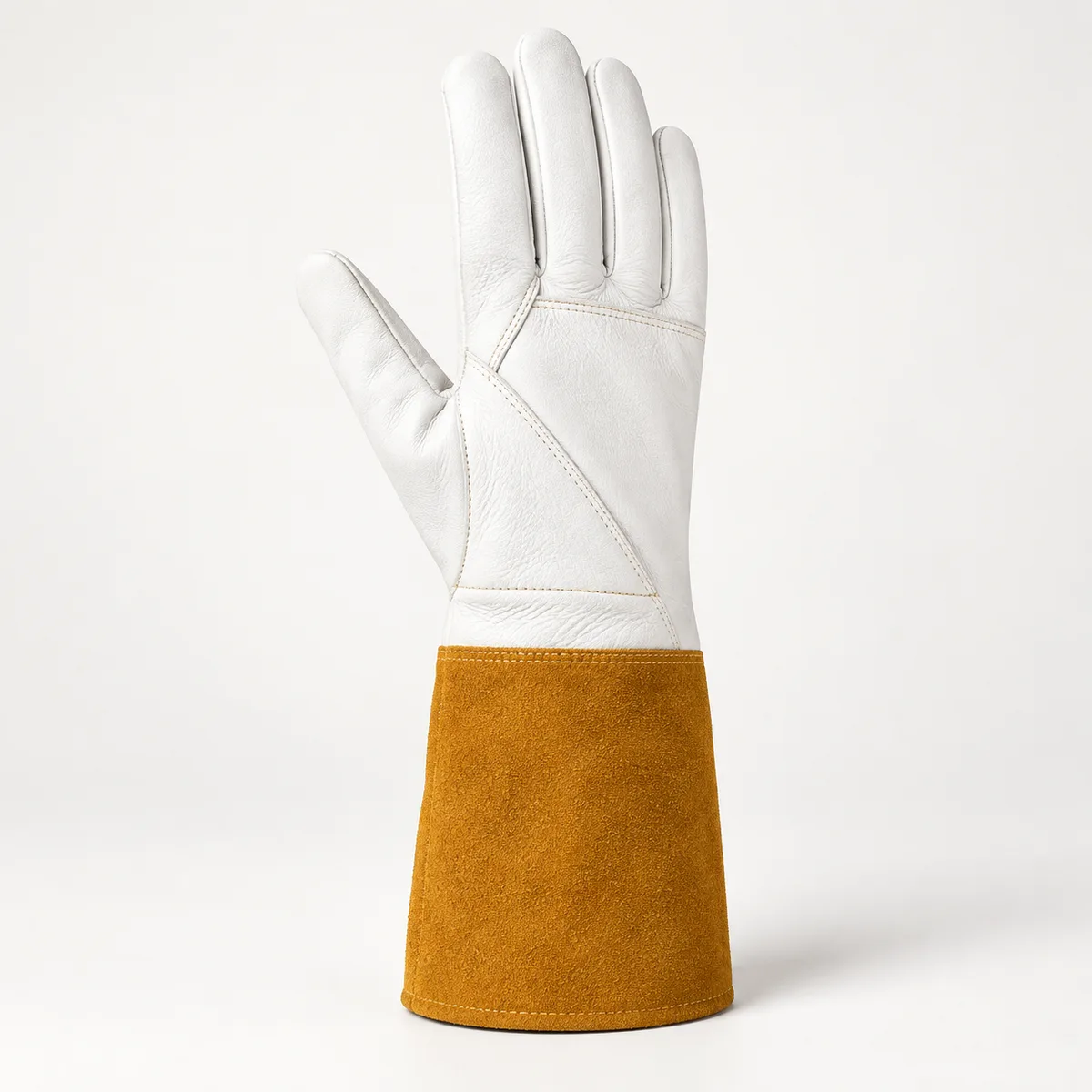 TIG welding glove with white grain leather hand and long suede gauntlet cuff
