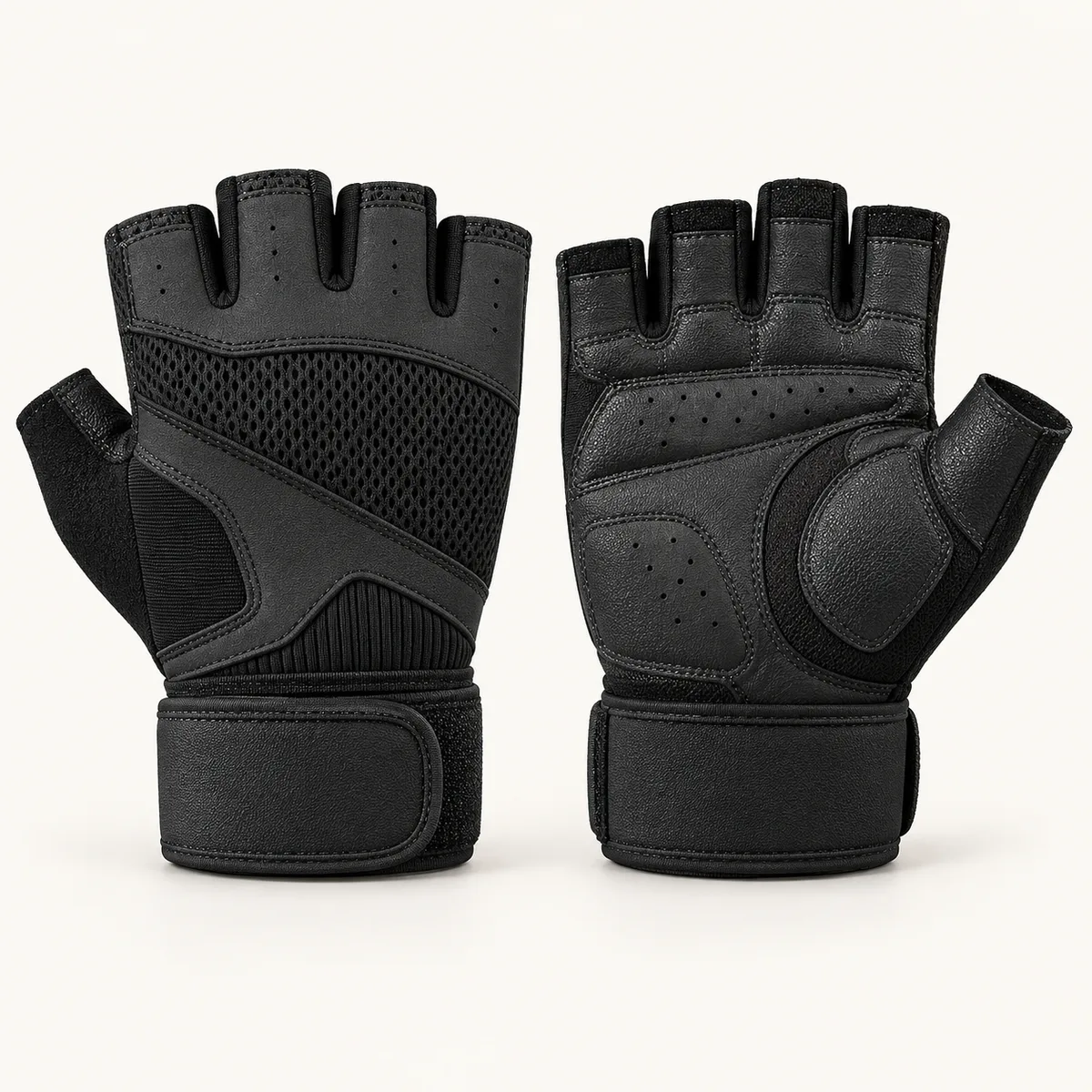 Black fingerless training gloves with padded palm, mesh back and wide wrist wrap