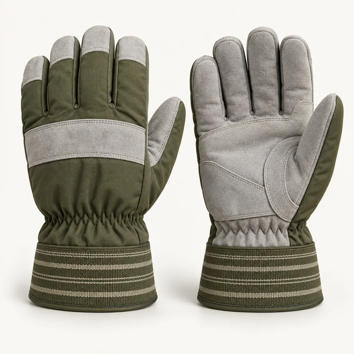Olive green and grey suede winter work gloves with elasticated wrist and striped safety cuff