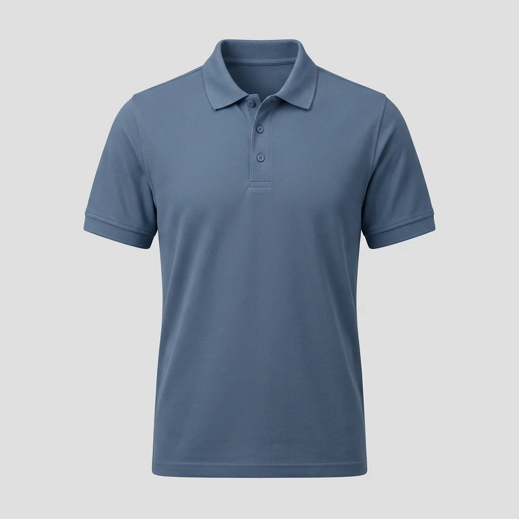 Slate blue short-sleeve clinical polo shirt with ribbed collar and button placket