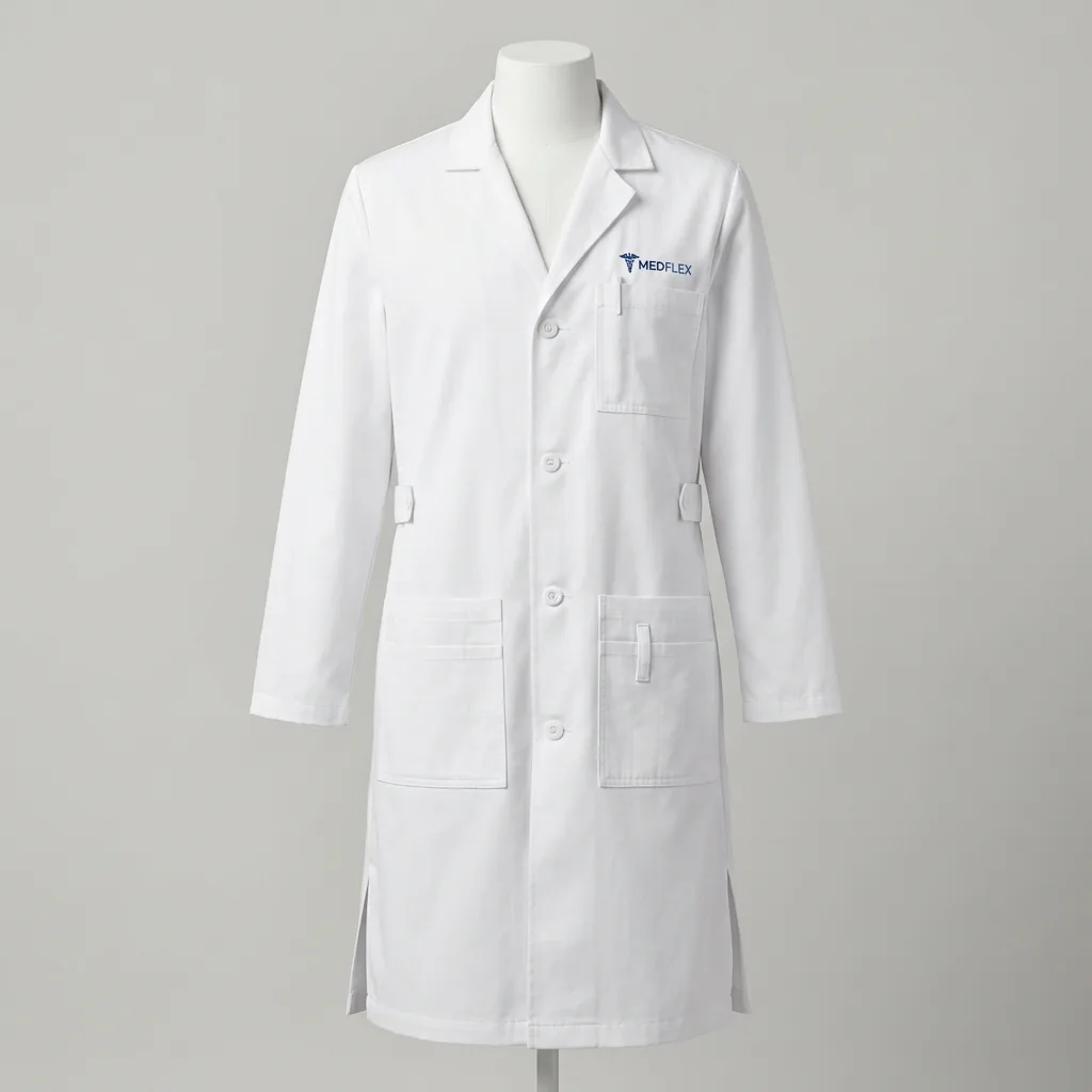 White knee-length lab coat with notched lapels, front buttons and patch pockets