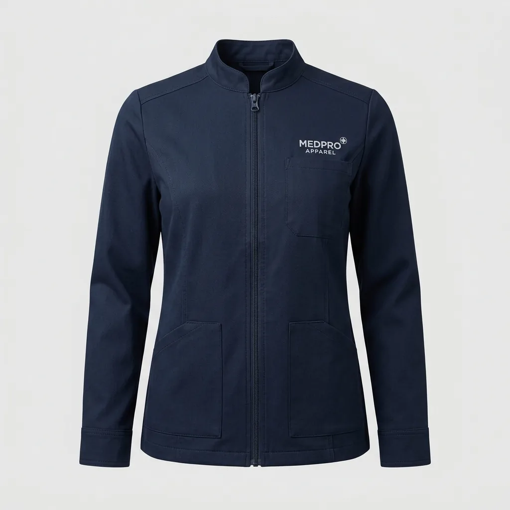 Navy zip-front medical jacket with mandarin collar and patch pockets