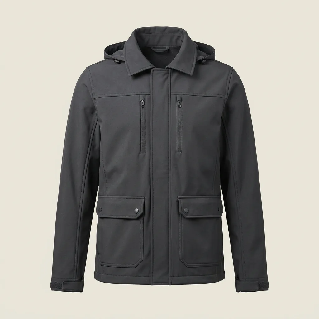 Charcoal hooded medical staff outerwear jacket with storm flap and utility pockets
