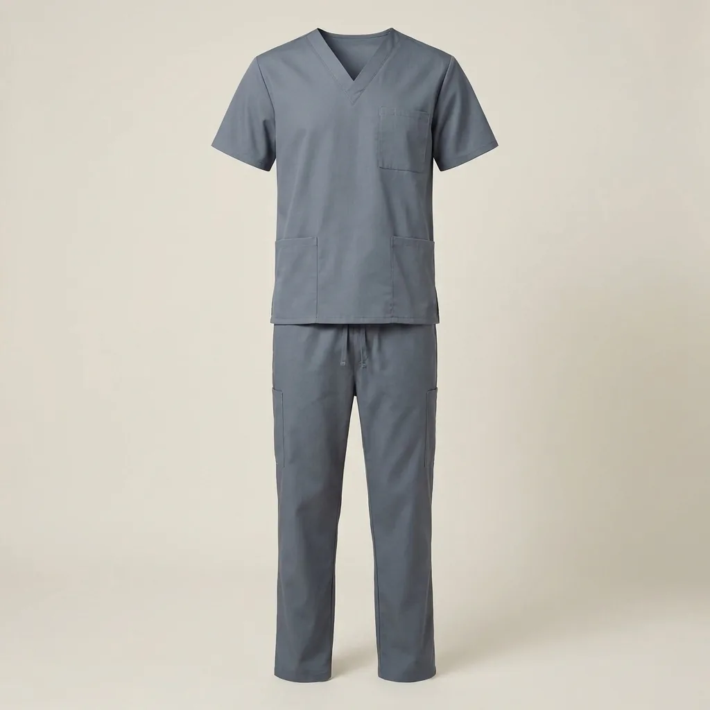 Charcoal unisex medical scrub set with V-neck top and matching cargo-pocket trousers