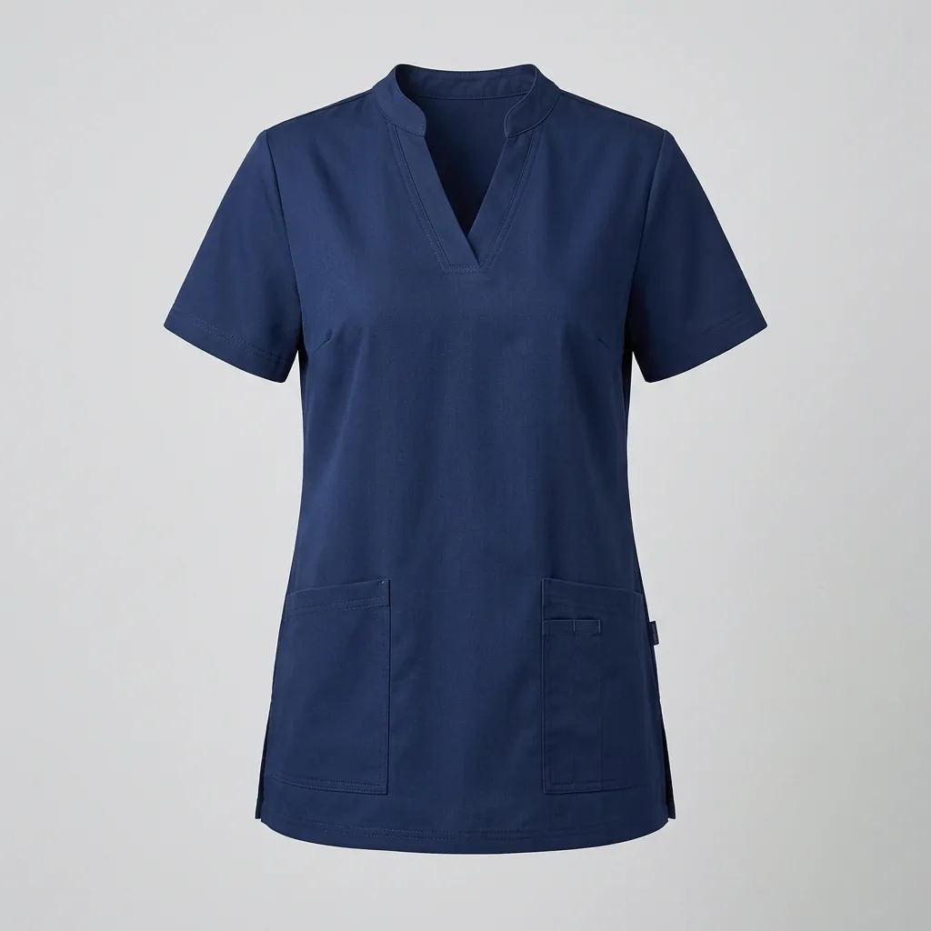 Navy short-sleeve medical tunic with mandarin collar and front patch pockets