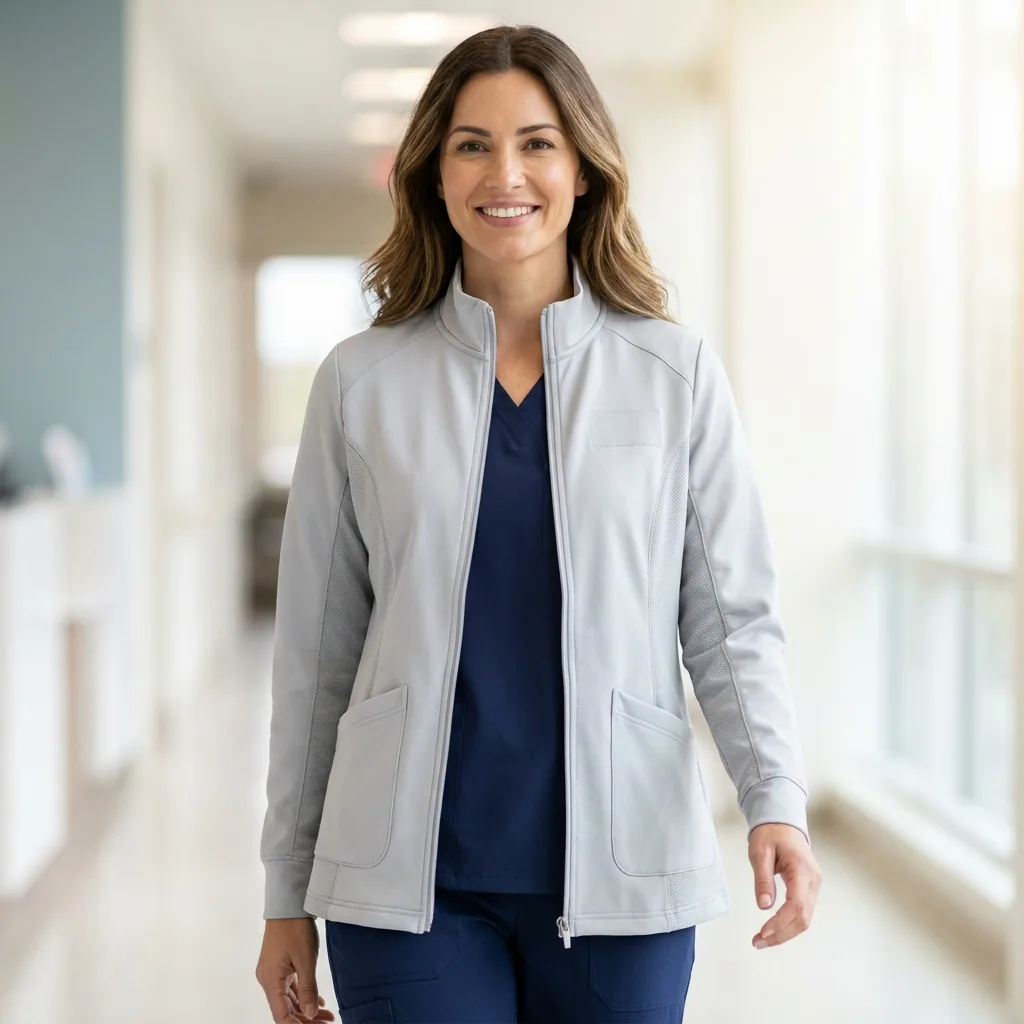 Charcoal zip-front medical warm-up jacket with ribbed cuffs worn over a scrub top
