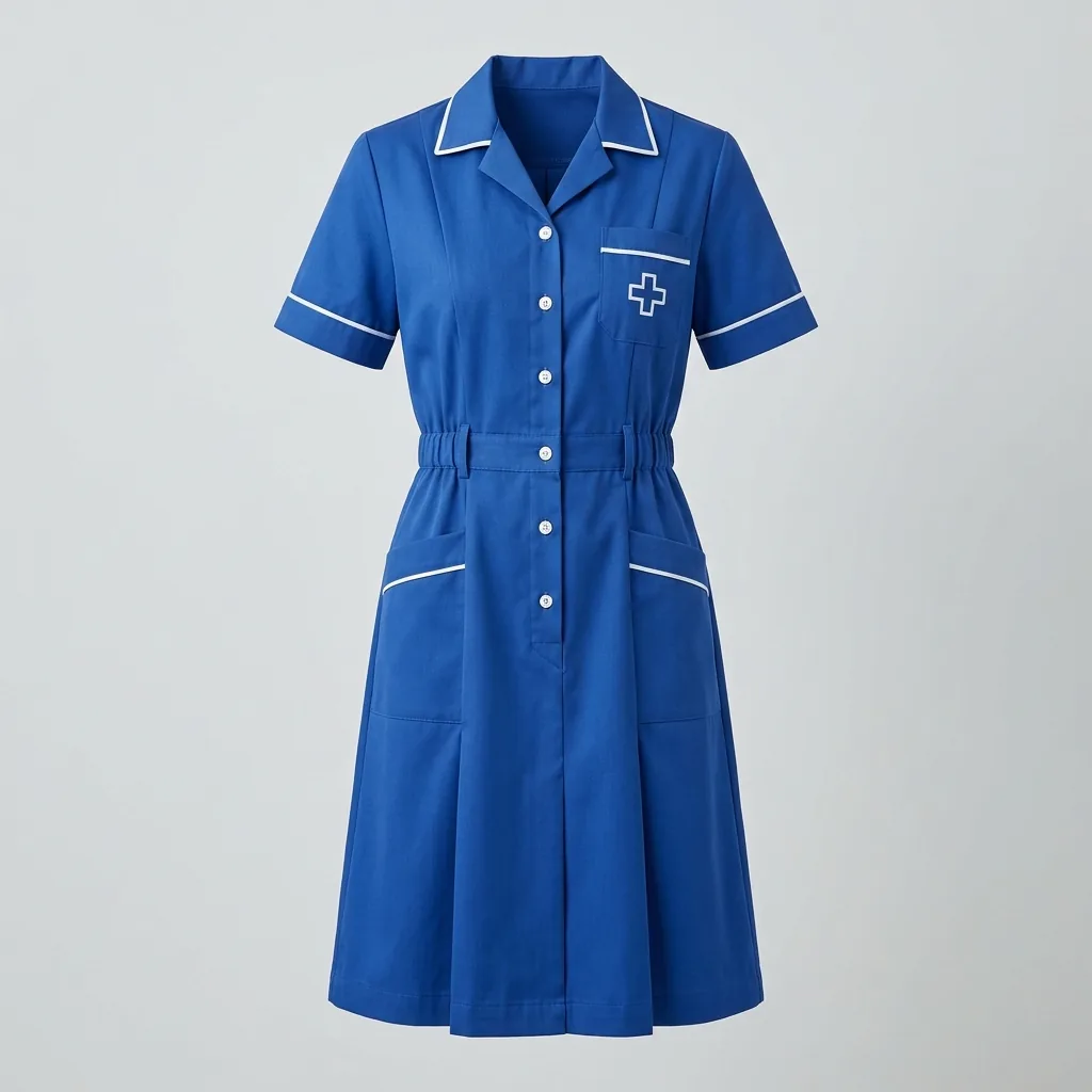 Royal blue short-sleeve nurse dress with white contrast trim and front pockets