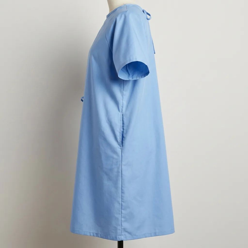 Light blue institutional patient gown with short sleeves and side-tie closure