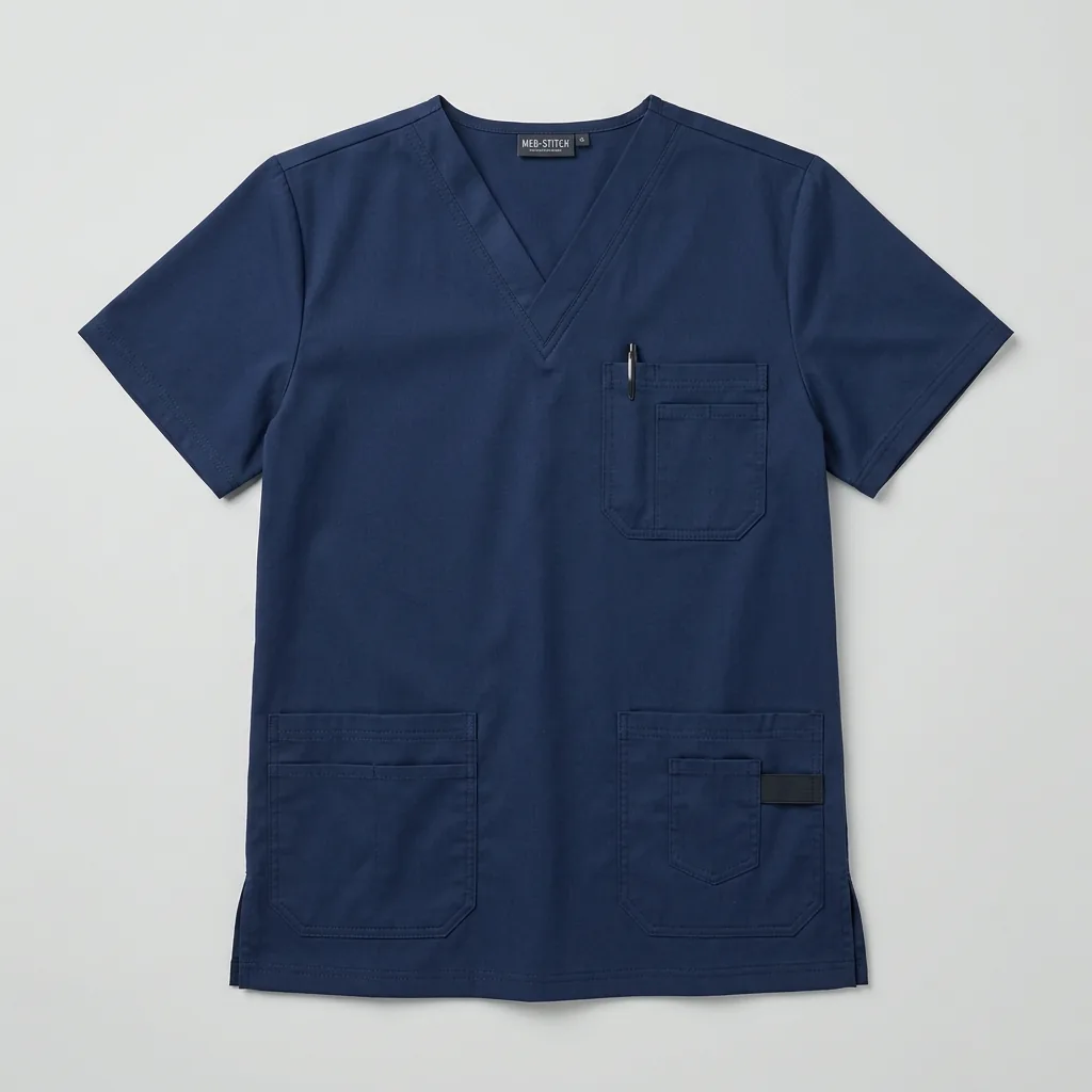 Navy short-sleeve V-neck scrub top with chest and lower patch pockets