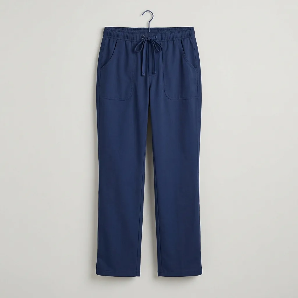 Navy scrub trousers with drawstring waistband and front patch pockets
