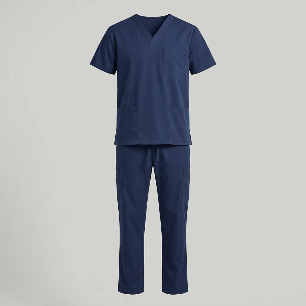 Navy V-neck medical scrub set with short-sleeve top and matching cargo-pocket trousers