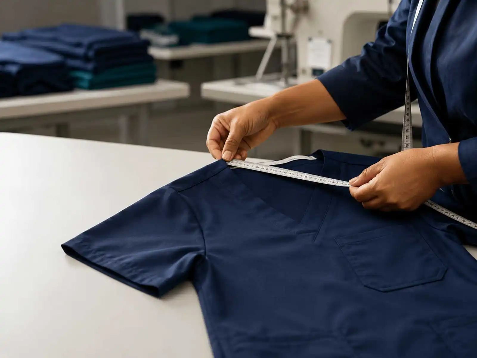 Quality inspector checking measurements and construction on healthcare uniform garments