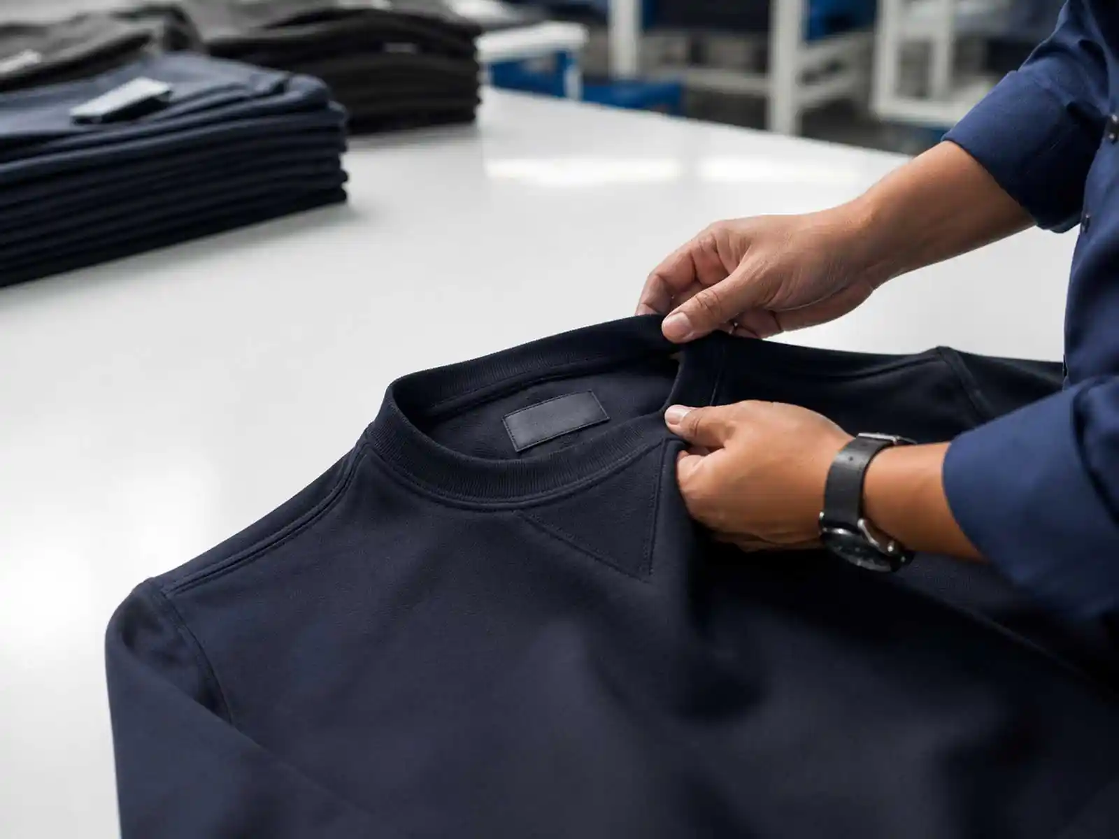 Quality inspector reviewing private-label apparel during production in a garment manufacturing facility