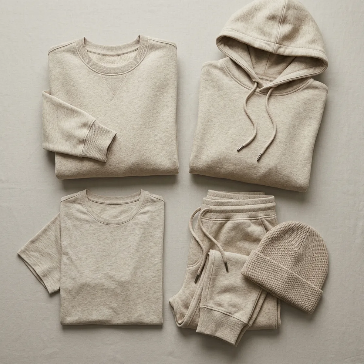 Coordinated private-label casualwear set in oatmeal with top, hoodie, tee, joggers and beanie