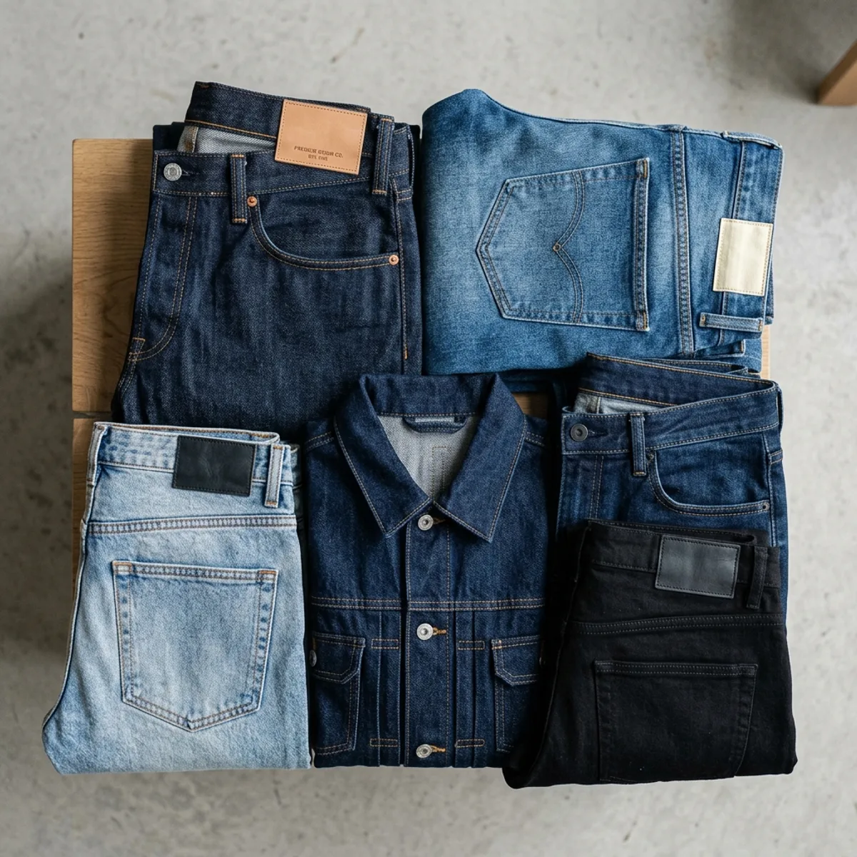 Folded private-label denim collection with jeans and denim jacket across wash options