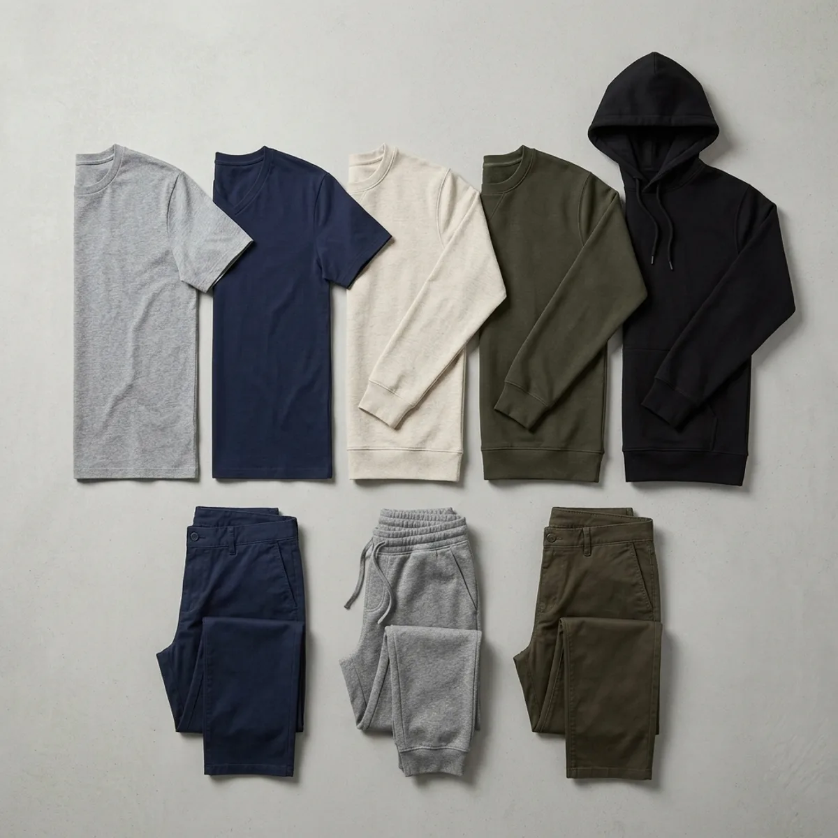Private-label essentials wardrobe with tees, sweatshirts, hoodie, chinos and joggers