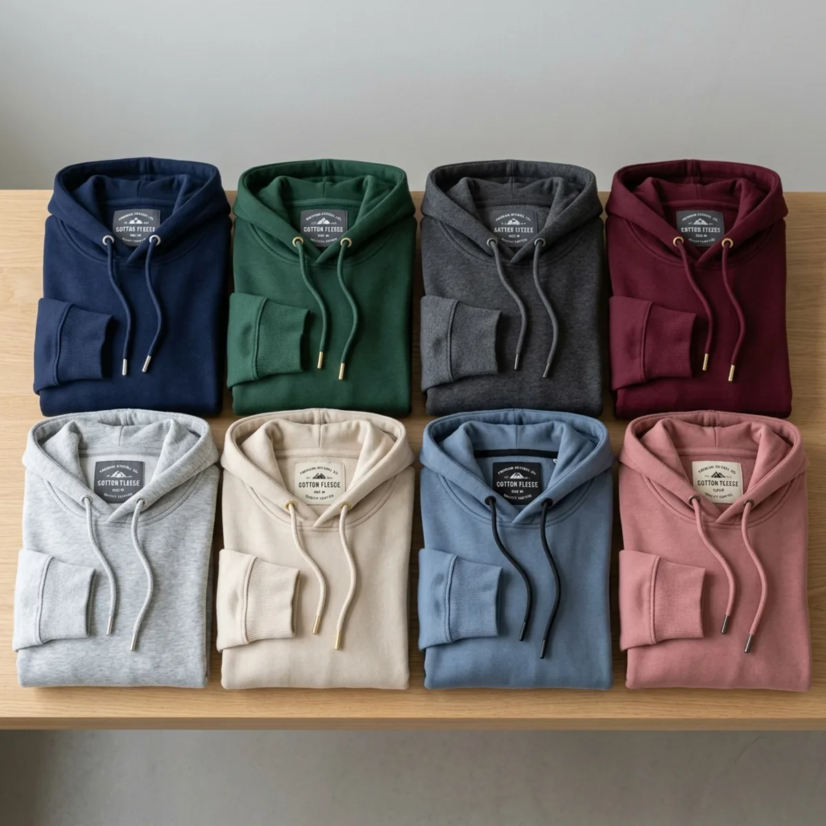 Private-label hoodie colourway collection folded in two rows on a wooden surface