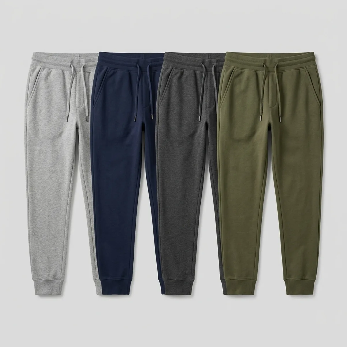 Private-label jogger collection in four colourways with drawcord waistbands and ribbed cuffs