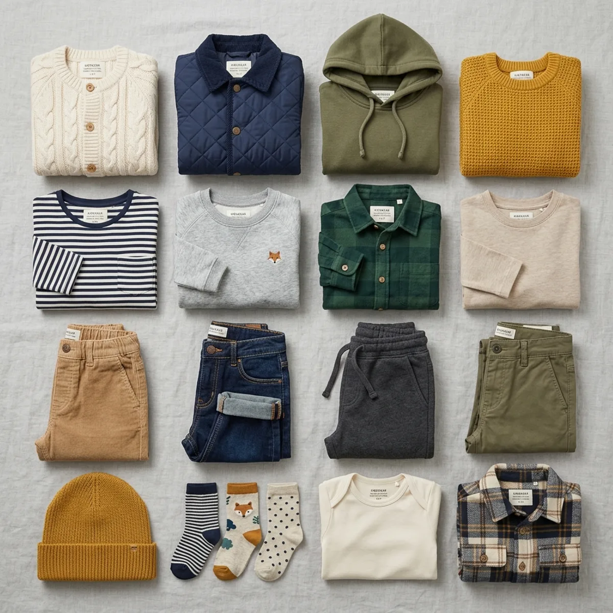 Folded private-label kidswear collection with knits, outerwear, tops, bottoms and accessories