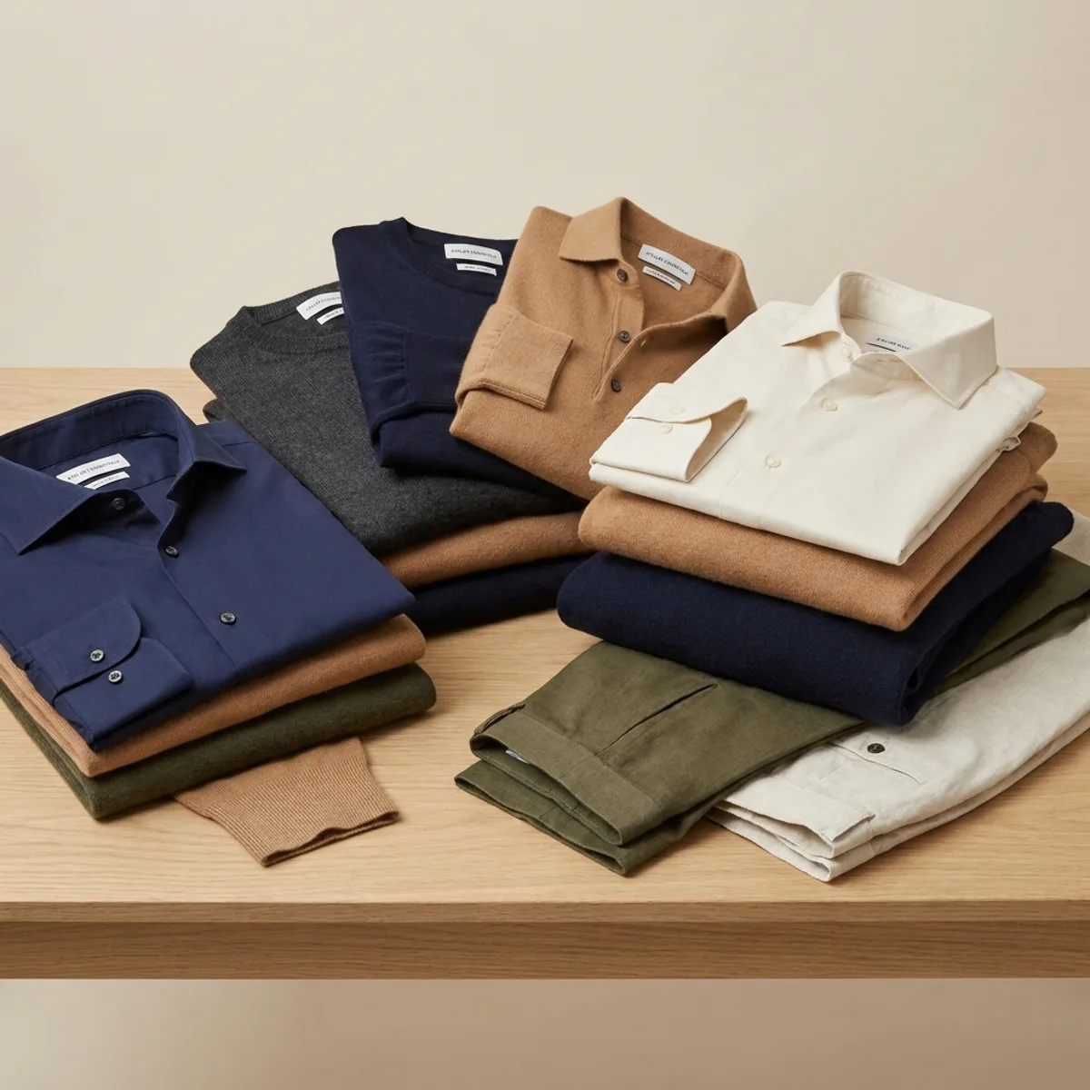 Folded private-label menswear collection with shirts, knits and trousers in neutral colourways