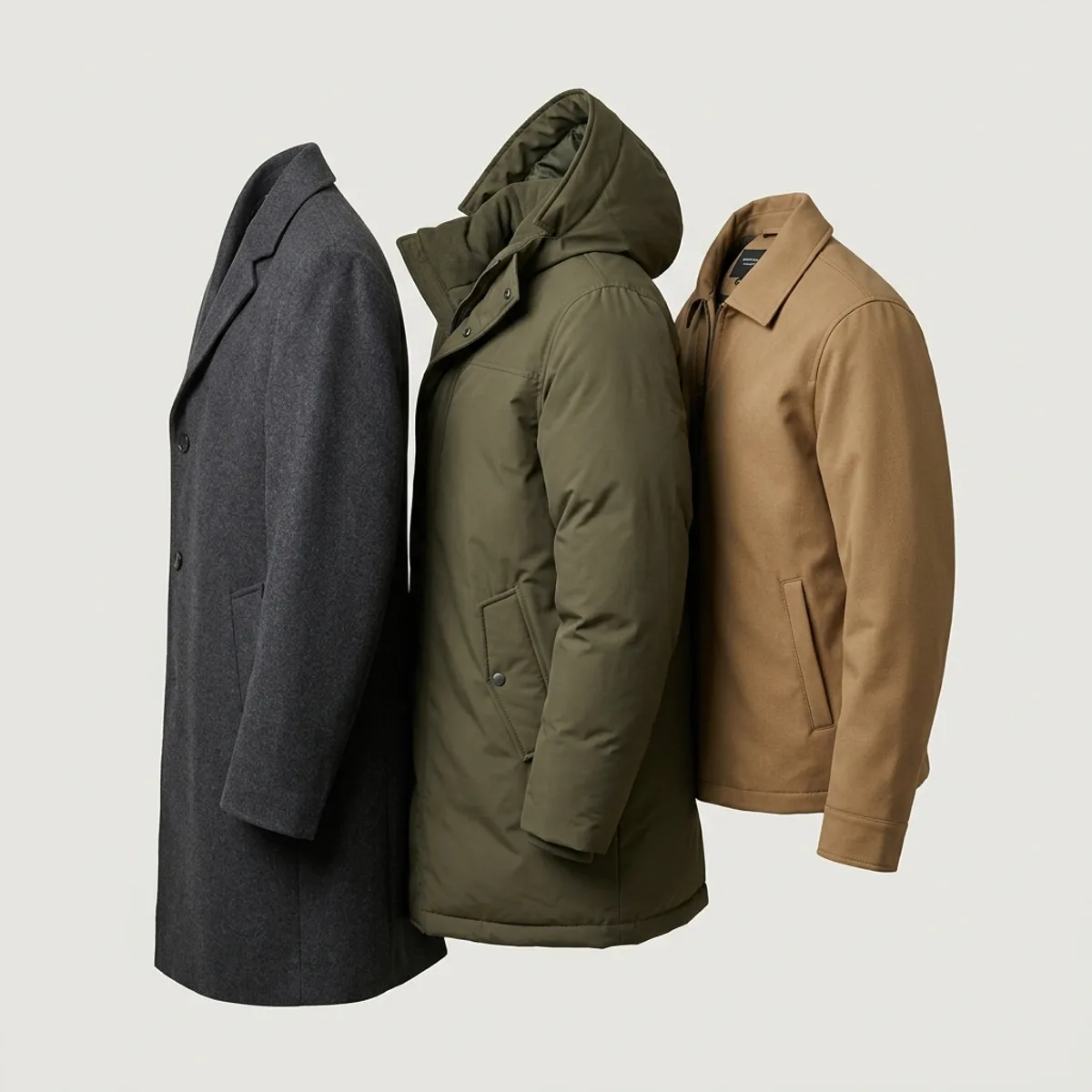 Private-label outerwear collection showing overcoat, parka and Harrington jacket silhouettes