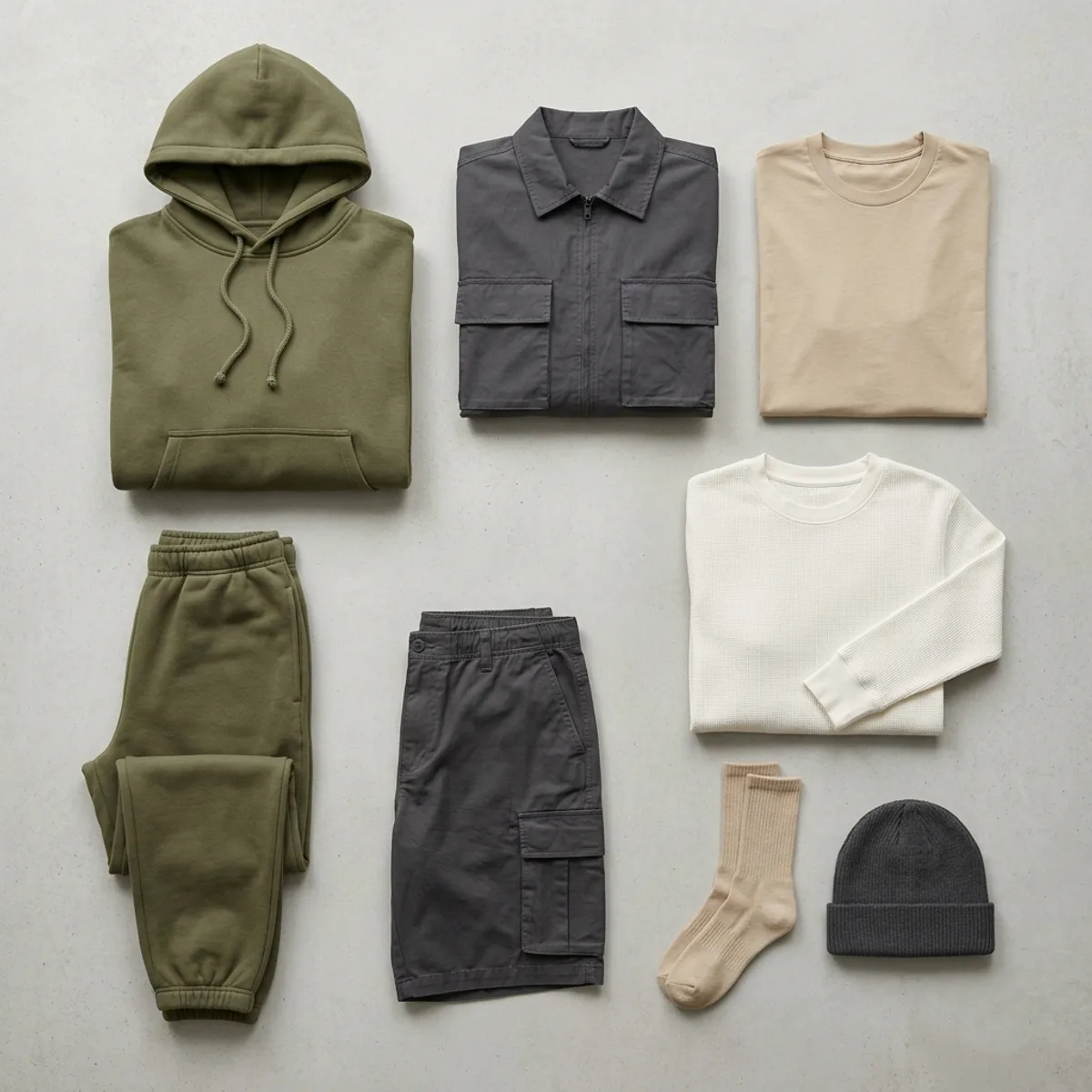 Blank private-label streetwear capsule with hoodie, cargos, tees and beanie in earth tones