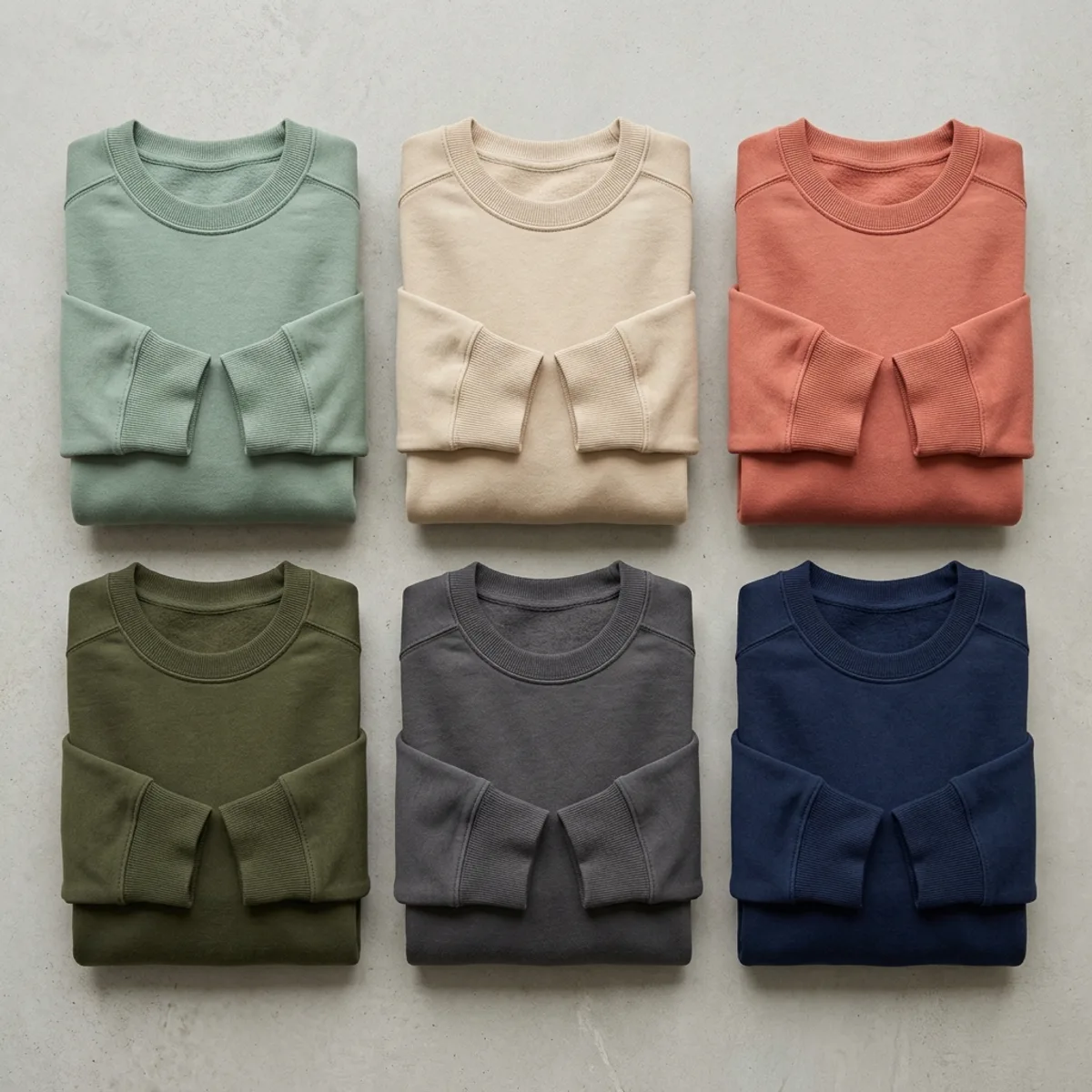 Folded private-label sweatshirt colour palette in six earth-tone colourways