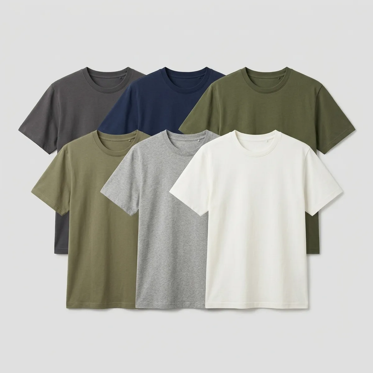 Coordinated private-label T-shirt collection in six neutral colourways laid flat