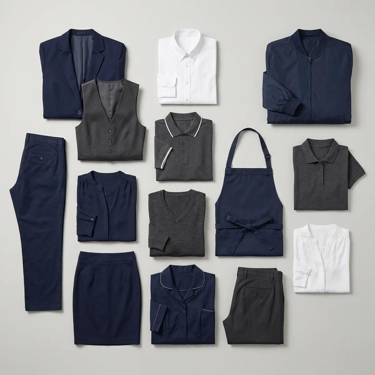 Coordinated private-label uniform collection with shirts, polos, jackets, apron and trousers