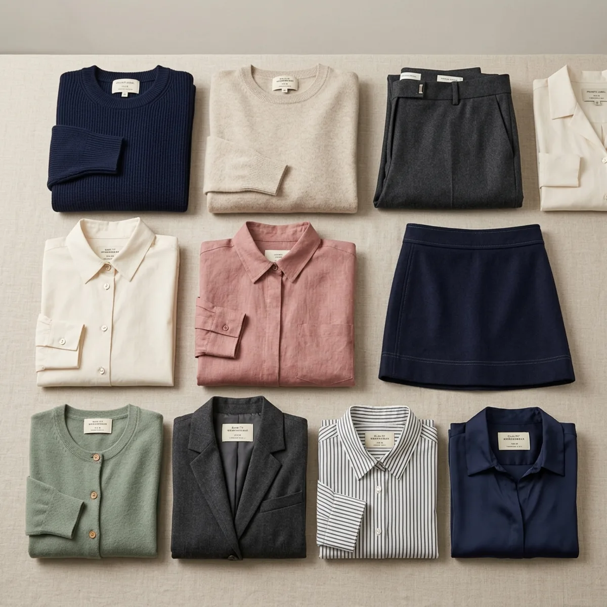 Folded private-label womenswear collection with knits, shirts, skirt and tailored pieces