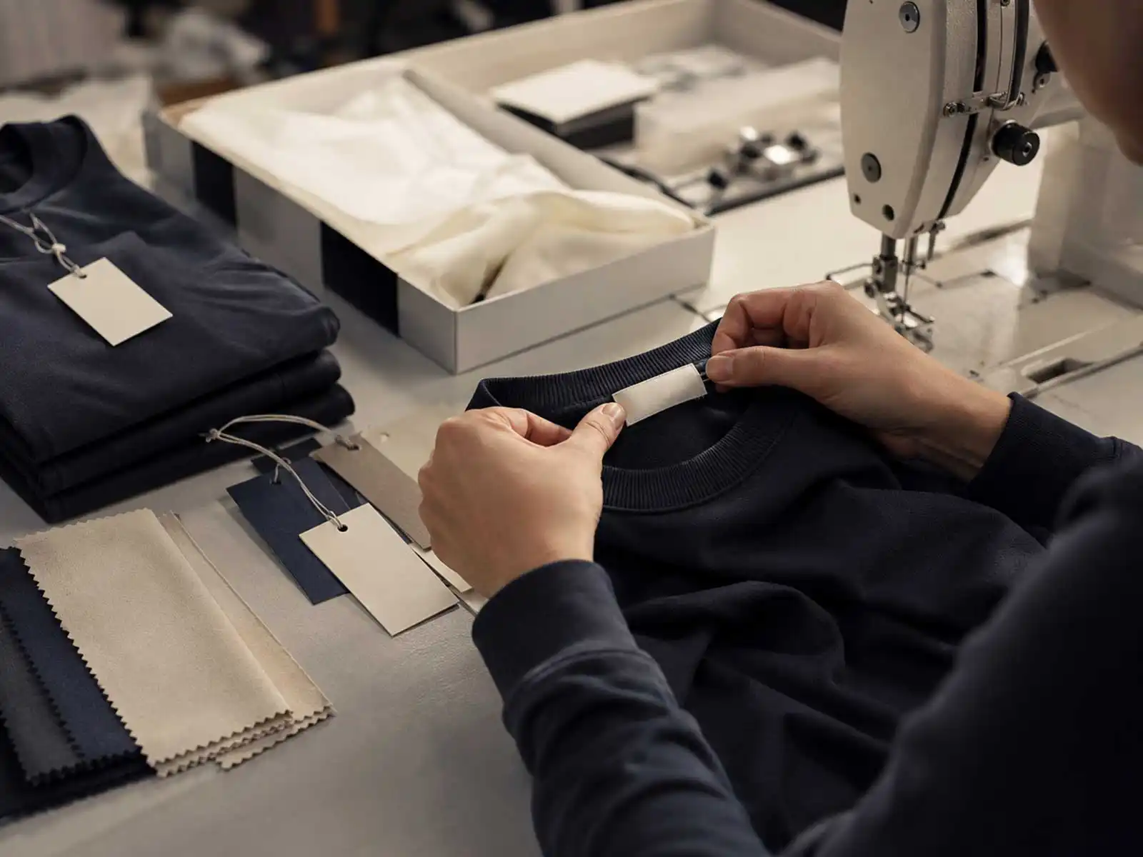 Garment worker applying a private-label brand label to an apparel neckline