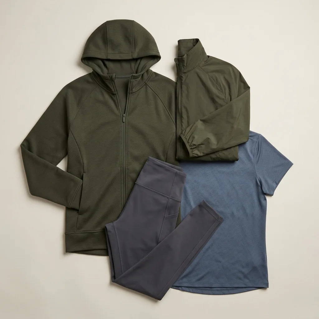 Coordinated activewear ensemble with zip hoodie, wind shell, T-shirt and leggings