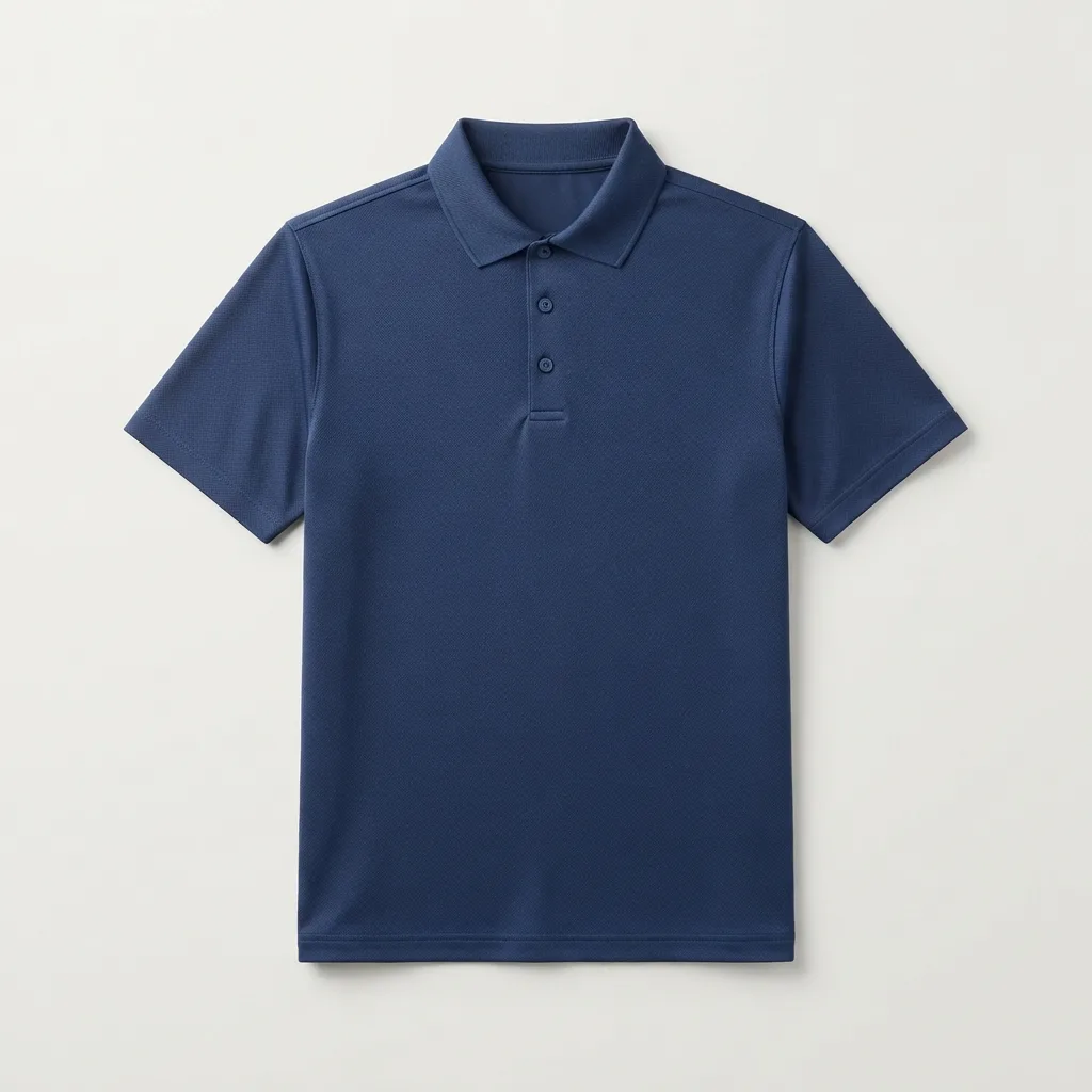 Navy short-sleeve sports polo shirt with ribbed collar and button placket