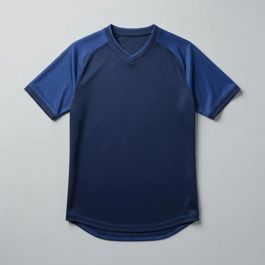 Two-tone blue short-sleeve team jersey with V-neck and contrast sleeves