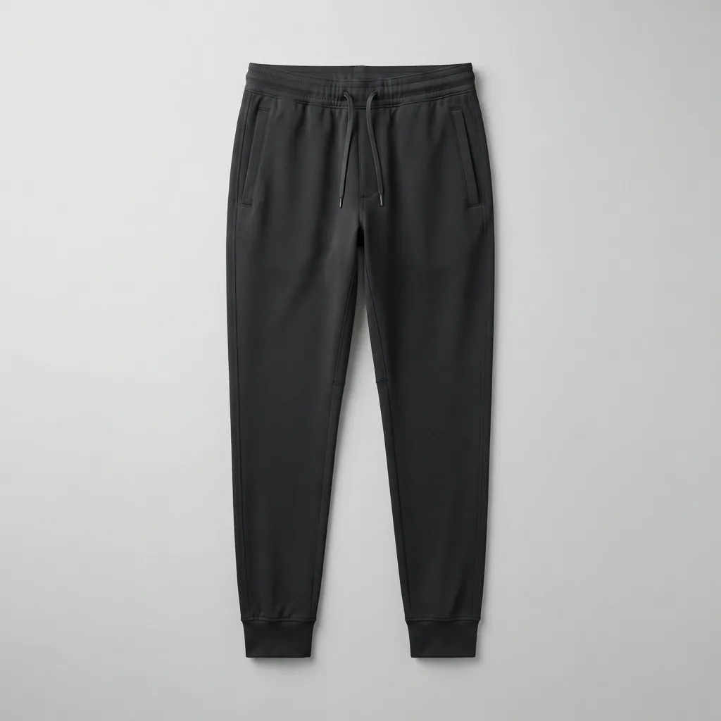 Black track pants with drawstring waistband, side pockets and ankle cuffs