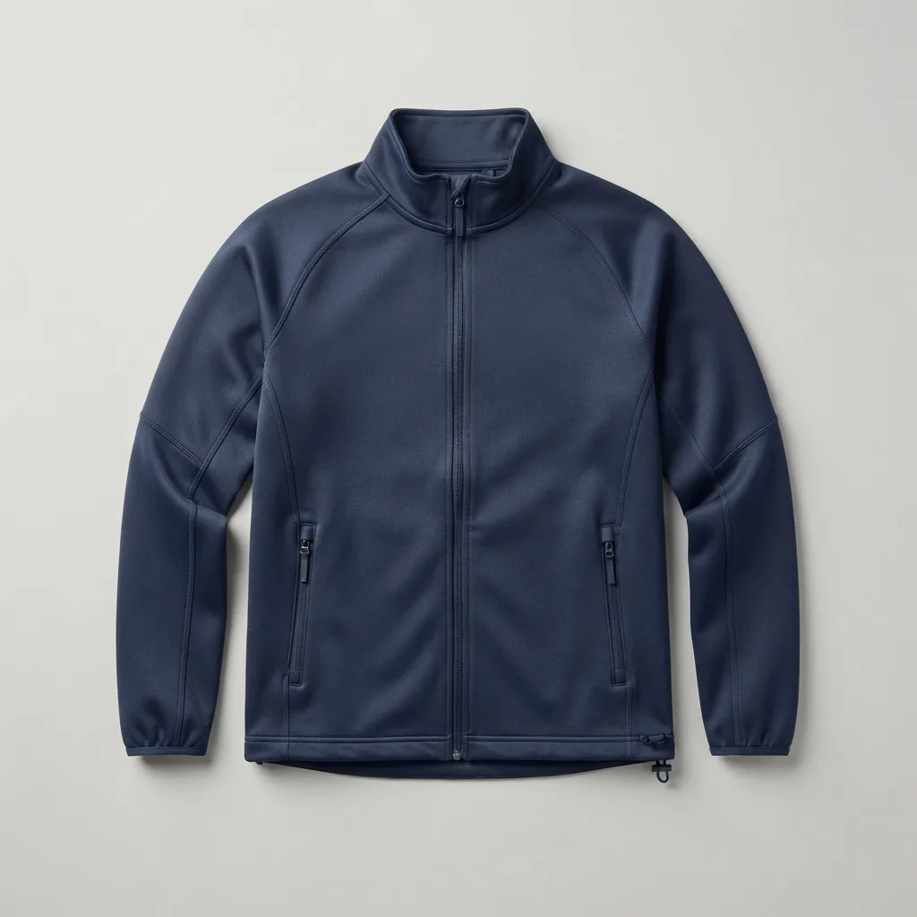 Navy zip-front training jacket with stand collar and zippered side pockets