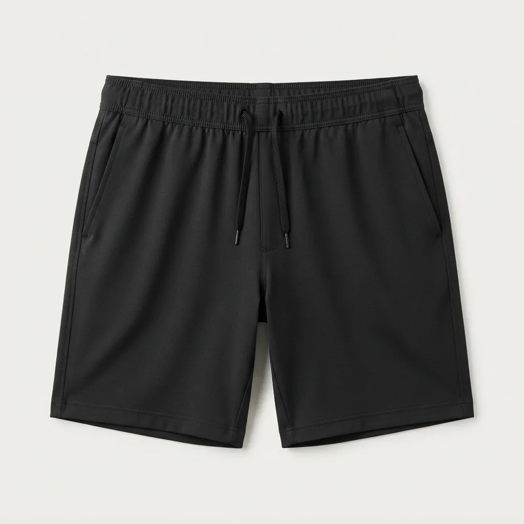 Black training shorts with elastic drawstring waistband and side pockets