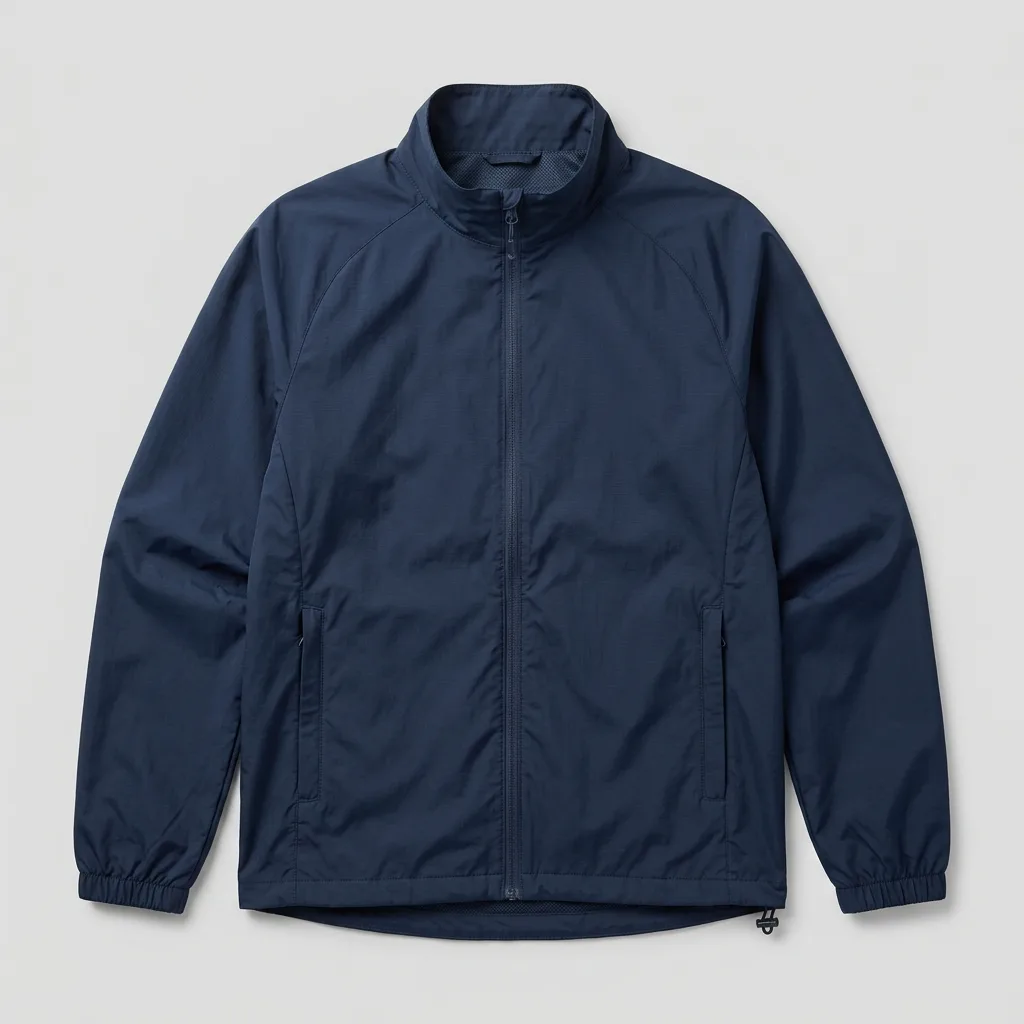 Navy zip-front sports windbreaker with stand collar and zippered pockets