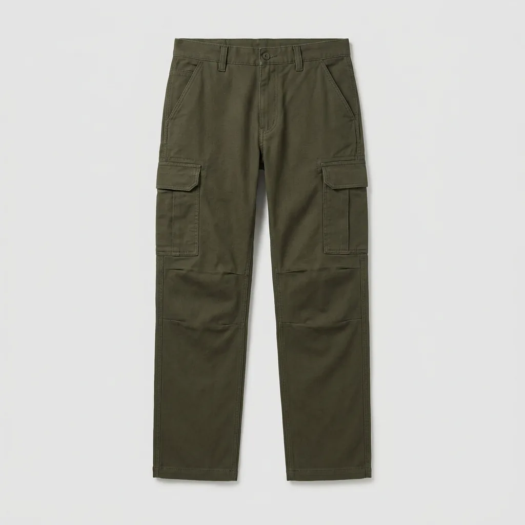 Olive cargo work trousers with thigh cargo pockets and reinforced knee panels