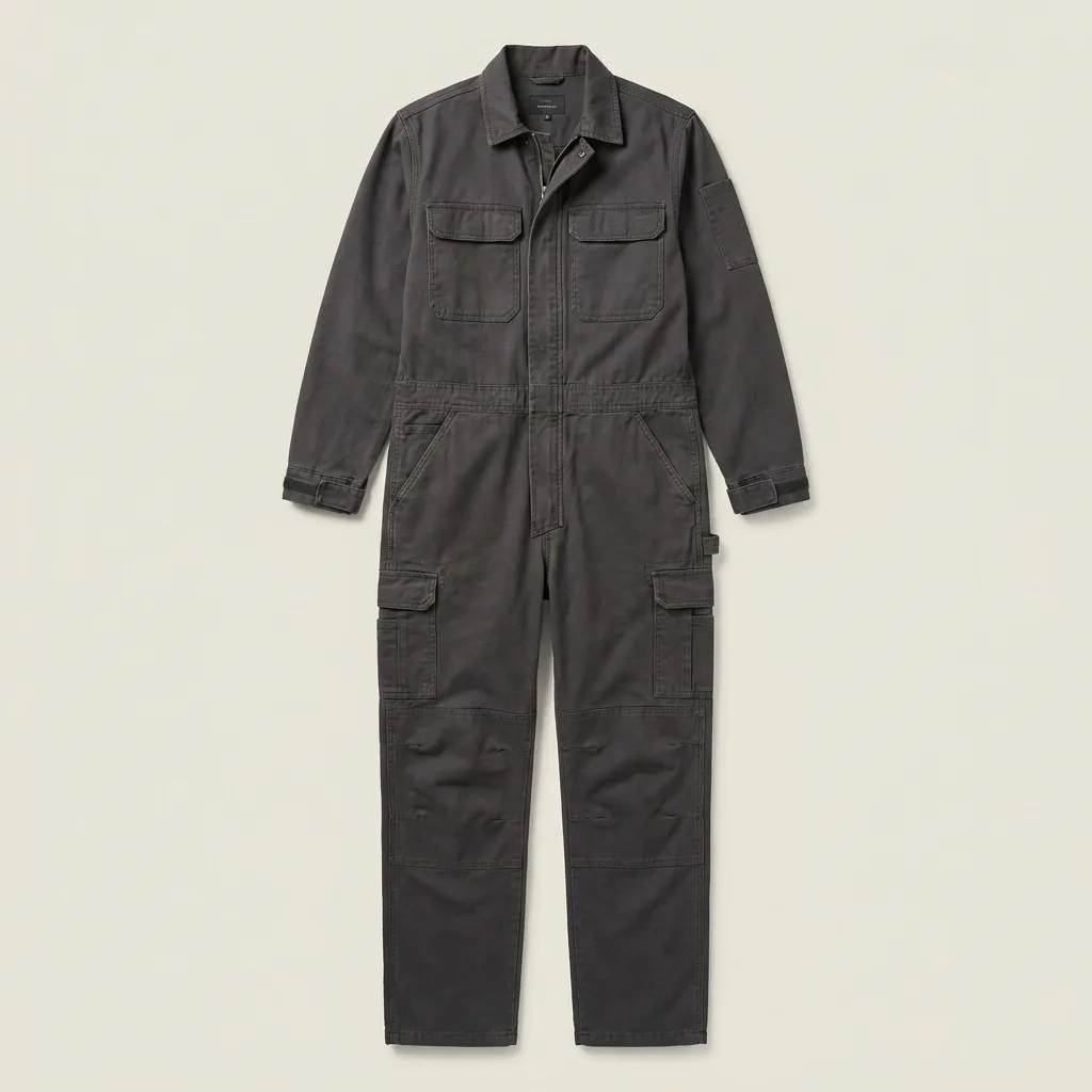 Charcoal one-piece workwear coveralls with chest pockets, cargo pockets and reinforced knees