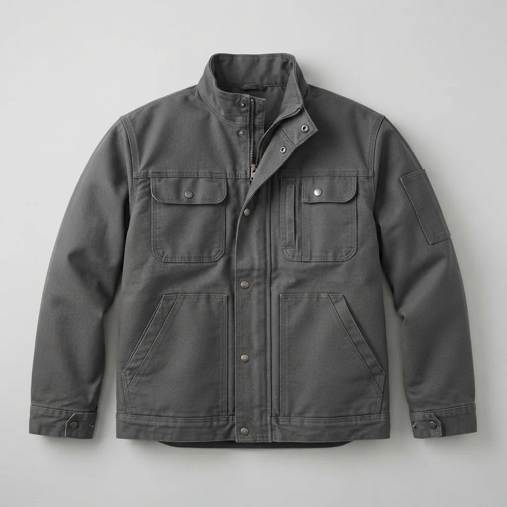 Charcoal heavy-duty workwear jacket with storm-flap snap front and utility pockets