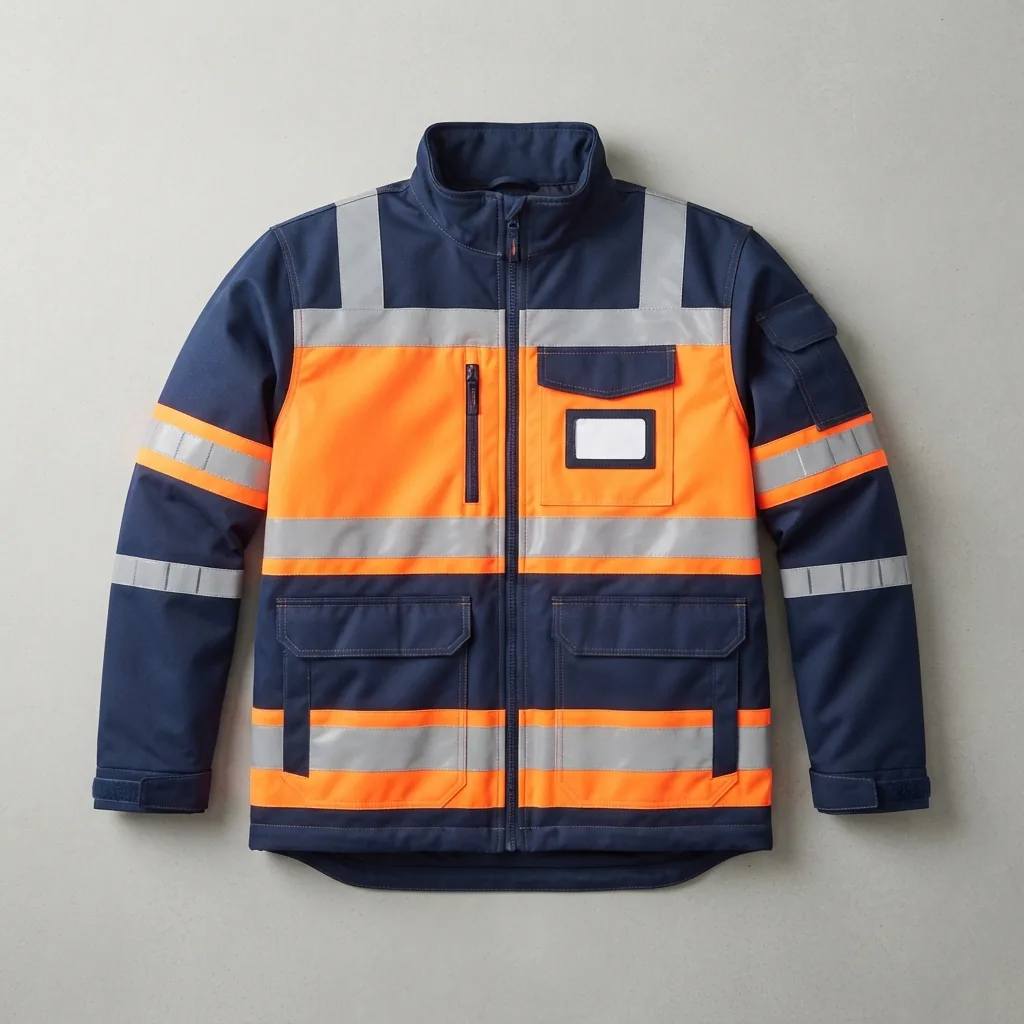 Work jacket with fluorescent colour blocking and reflective-style trim