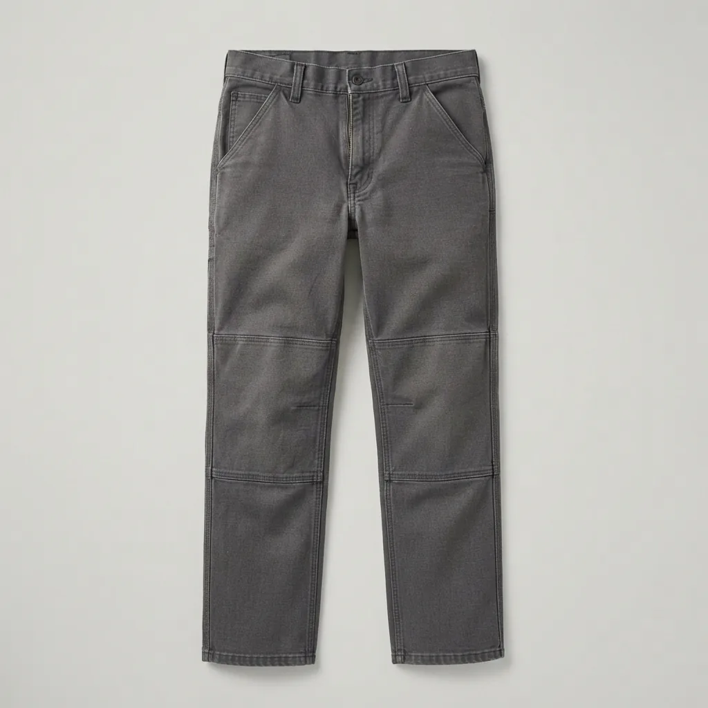 Charcoal industrial work trousers with reinforced knee panels and straight legs