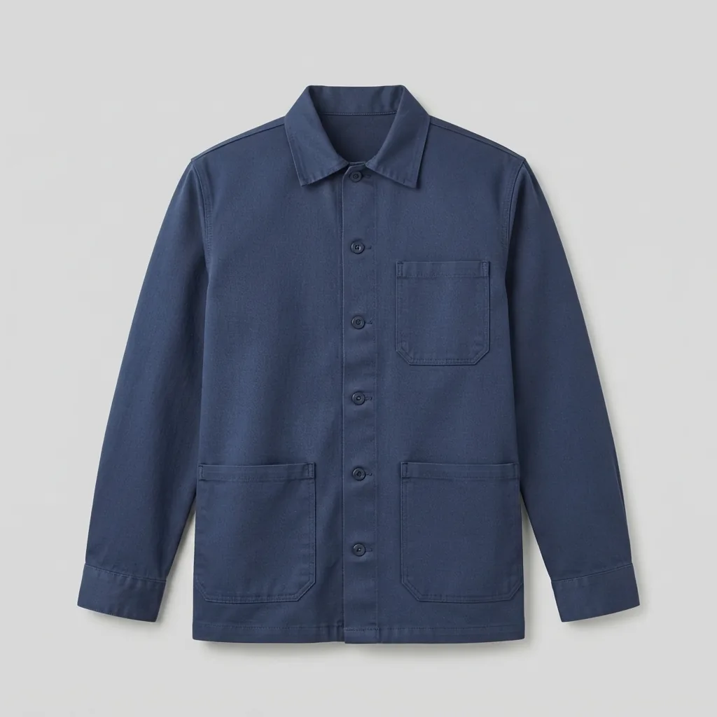 Navy industrial tunic with button front and front utility patch pockets
