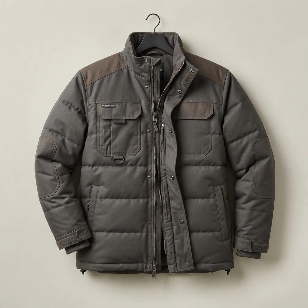 Charcoal insulated work jacket with quilted body, high collar and snap storm flap