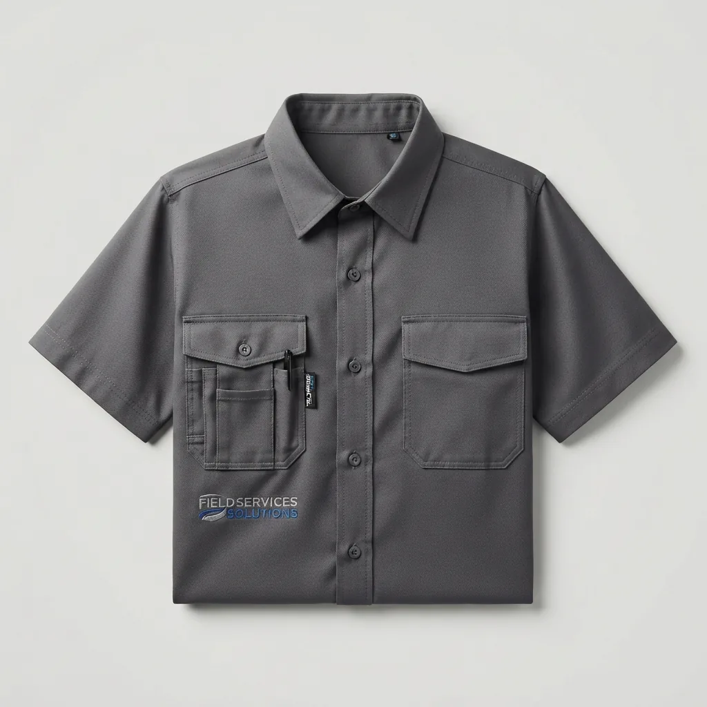 Charcoal short-sleeve technician shirt with utility chest pocket and button front