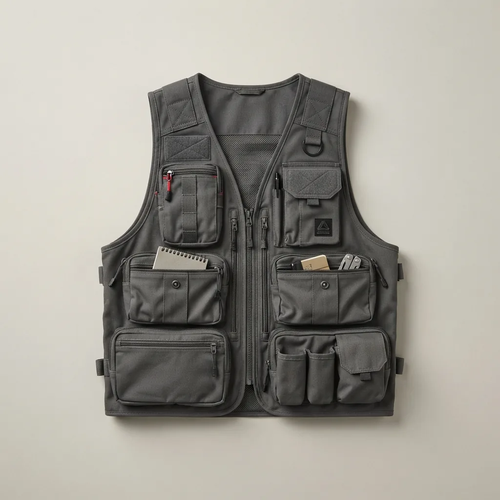 Charcoal multi-pocket utility vest with zip front and tool storage layout